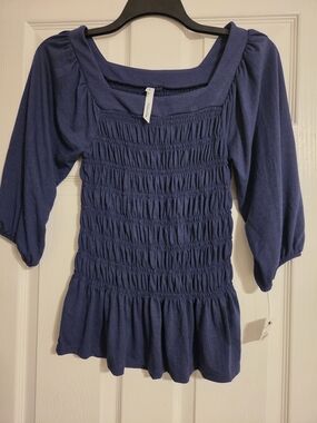 NY Collection Navy Blue Smocked Square-Neck Tunic